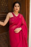 Ruhr India_Magenta Organza Embroidered And Embellished Thread Paisley Saree & Blouse Set _Online_at_Aza_Fashions