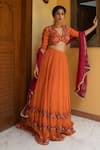 Shop_Ruhr India_Orange Silk Organza Embroidered And Embellished Thread Paisley Lehenga Blouse Set _Online_at_Aza_Fashions