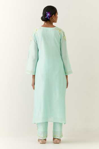 Blue - Hand Painted Chanderi Silk Kurta with Palazzo & Dupatta Set 05