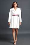 Buy_Deepika Arora_White Ponte Roma Plain Lapel Collar Jacket Dress With Floral Applique Belt _at_Aza_Fashions