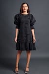 Buy_Deepika Arora_Black Ponte Roma Hand Embroidery Floral Cut-work Round Neck Dress _at_Aza_Fashions