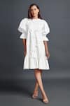 Buy_Deepika Arora_White Ponte Roma Hand Embroidery Floral Cut-work Round Neck Puff Sleeve Dress _at_Aza_Fashions