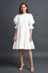 Shop_Deepika Arora_White Ponte Roma Hand Embroidery Floral Cut-work Round Neck Puff Sleeve Dress _Online_at_Aza_Fashions