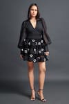 Buy_Deepika Arora_Black Net Embroidery Confetti Floral Deep V Neck Bishop Sleeve Top With Skirt _at_Aza_Fashions