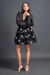 Deepika Arora_Black Net Embroidery Confetti Floral Deep V Neck Bishop Sleeve Top With Skirt _Online_at_Aza_Fashions