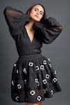 Shop_Deepika Arora_Black Net Embroidery Confetti Floral Deep V Neck Bishop Sleeve Top With Skirt _Online_at_Aza_Fashions