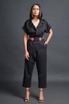 Buy_Deepika Arora_Black Ponte Roma Plain Lapel Collar Jumpsuit With Belt _at_Aza_Fashions