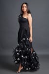 Deepika Arora_Black Net Placement Embroidery Floral One Shoulder Bodysuit With Frilled Skirt _at_Aza_Fashions