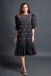 Buy_Deepika Arora_Black 100% Cotton Embroidery Geometric Applique Boat Neck Dress _at_Aza_Fashions