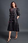 Deepika Arora_Black 100% Cotton Embroidery Geometric Applique Boat Neck Dress _Online_at_Aza_Fashions