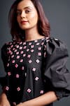 Buy_Deepika Arora_Black 100% Cotton Embroidery Geometric Applique Boat Neck Dress _Online_at_Aza_Fashions