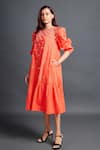 Buy_Deepika Arora_Orange 100% Cotton Embroidery Geometric Applique Boat Neck Dress _Online_at_Aza_Fashions