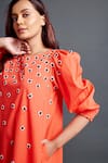 Shop_Deepika Arora_Orange 100% Cotton Embroidery Geometric Applique Boat Neck Dress _Online_at_Aza_Fashions