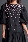 Shop_Deepika Arora_Black 100% Cotton Embroidery Geometric Applique Boat Neck Short Dress _Online_at_Aza_Fashions