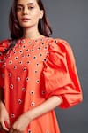 Deepika Arora_Orange 100% Cotton Embroidery Geometric Applique Boat Neck Dress _Online_at_Aza_Fashions