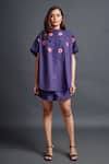 Buy_Deepika Arora_Purple 100% Cotton Embroidery Geometric Applique Band Collar Shirt And Shorts Set _at_Aza_Fashions