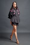 Buy_Deepika Arora_Black 100% Cotton Embroidery Confetti Applique Mandarin Shirt And Shorts Set _Online_at_Aza_Fashions