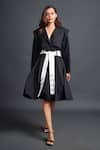 Buy_Deepika Arora_Black Ponte Roma Plain Notched Lapel Collar Jacket Dress With Sash Belt _at_Aza_Fashions