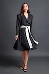 Deepika Arora_Black Ponte Roma Plain Notched Lapel Collar Jacket Dress With Sash Belt _Online_at_Aza_Fashions