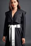 Buy_Deepika Arora_Black Ponte Roma Plain Notched Lapel Collar Jacket Dress With Sash Belt _Online_at_Aza_Fashions