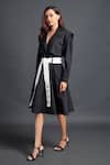 Shop_Deepika Arora_Black Ponte Roma Plain Notched Lapel Collar Jacket Dress With Sash Belt _Online_at_Aza_Fashions