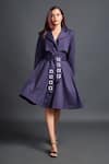 Buy_Deepika Arora_Purple Ponte Roma Plain Notched Lapel Collar Jacket Dress With Sash Belt _at_Aza_Fashions