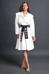 Buy_Deepika Arora_White Ponte Roma Plain Notched Lapel Full Sleeve Jacket Dress With Sash Belt _at_Aza_Fashions