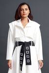 Deepika Arora_White Ponte Roma Plain Notched Lapel Full Sleeve Jacket Dress With Sash Belt _Online_at_Aza_Fashions