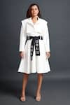 Buy_Deepika Arora_White Ponte Roma Plain Notched Lapel Full Sleeve Jacket Dress With Sash Belt _Online_at_Aza_Fashions