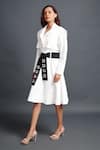 Shop_Deepika Arora_White Ponte Roma Plain Notched Lapel Full Sleeve Jacket Dress With Sash Belt _Online_at_Aza_Fashions