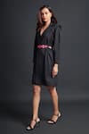 Buy_Deepika Arora_Black Ponte Roma Plain Notched Lapel Jacket Dress With Flower Embroidered Belt _Online_at_Aza_Fashions