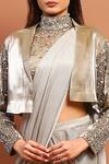 Shop_Soniya G_Gold Lycra Sequins, Beads Collared, High Shimmer Pre-draped Saree Jacket Set_Online_at_Aza_Fashions