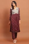 Buy_Soniya G_Brown Georgette Printed And Hand Embroidered Vintage V Neck Kurta & Pant Set _at_Aza_Fashions