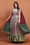 Buy_Soniya G_Maroon Georgette Foil Print Floral Leaf Neck Ombre Anarkali With Dupatta _at_Aza_Fashions