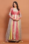 Buy_Soniya G_Multi Color Georgette Foil Print Floral Scoop Panelled Anarkali With Dupatta _at_Aza_Fashions