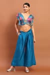 Buy_Soniya G_Blue Satin Printed Floral V Neck Top And Pleated Pant Set _at_Aza_Fashions