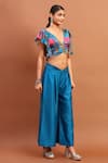 Soniya G_Blue Satin Printed Floral V Neck Top And Pleated Pant Set _Online_at_Aza_Fashions