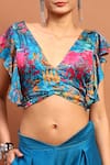 Shop_Soniya G_Blue Satin Printed Floral V Neck Top And Pleated Pant Set _Online_at_Aza_Fashions