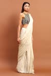 Soniya G_Ivory Satin Printed Sunflower Halter Pre-draped Saree With Embroidered Blouse _Online_at_Aza_Fashions