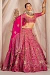 Shop_Rachit Khanna_Pink Raw Silk Embroidered Glass Beads Leaf Neck Bridal Lehenga Set  _at_Aza_Fashions