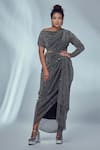 Buy_Style Junkiie_Grey Shimmer Knit V Neck Slit Kimono Dress  _at_Aza_Fashions