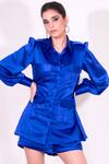 Buy_Sonam Parmar Jhawar_Blue Satin Stretch Plain Collared Neck Lexi Balloon Sleeve Shirt And Shorts Set_at_Aza_Fashions