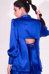 Shop_Sonam Parmar Jhawar_Blue Satin Stretch Plain Collared Neck Lexi Balloon Sleeve Shirt And Shorts Set_at_Aza_Fashions