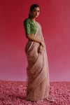 Taisha_Green Pure Kadhwa Silk Zari Stripe Tissue Woven V Neck Sharad Blouse _Online_at_Aza_Fashions