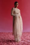 Taisha Pink Linen, Silk Embroidery, Sequins V-neck Rose Pattern Kurta Online at Aza Fashions Taisha_Pink Linen, Silk Embroidery, Sequins V-neck Rose Pattern Kurta _Online_at_Aza_Fashions