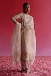 Buy Taisha Pink Linen, Silk Embroidery, Sequins V-neck Rose Pattern Kurta Online at Aza Fashions Buy_Taisha_Pink Linen, Silk Embroidery, Sequins V-neck Rose Pattern Kurta _Online_at_Aza_Fashions