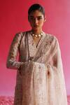 Shop Taisha Pink Linen, Silk Embroidery, Sequins V-neck Rose Pattern Kurta Online at Aza Fashions Shop_Taisha_Pink Linen, Silk Embroidery, Sequins V-neck Rose Pattern Kurta _Online_at_Aza_Fashions