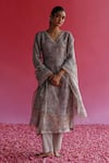 Buy_Taisha_Grey Pure Linen Silk Handloom Sequin Swaroop Floral Pattern Kurta  _at_Aza_Fashions