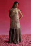 Taisha_Grey Kurta Pure Linen Silk Handloom Woven Nanda Gharara Set  _Online_at_Aza_Fashions