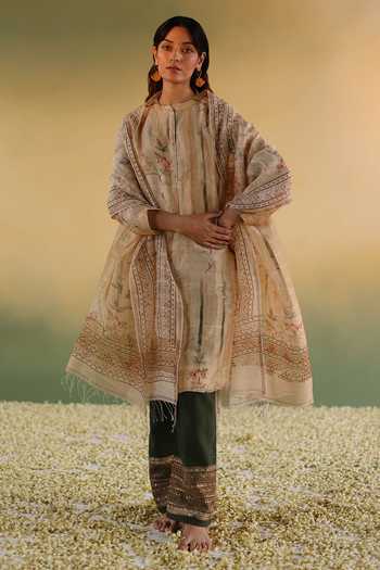 Buy_Taisha_Yellow Linen, Silk, , Handloom Bhuman Geometric Woven Kurta Set _at_Aza_Fashions